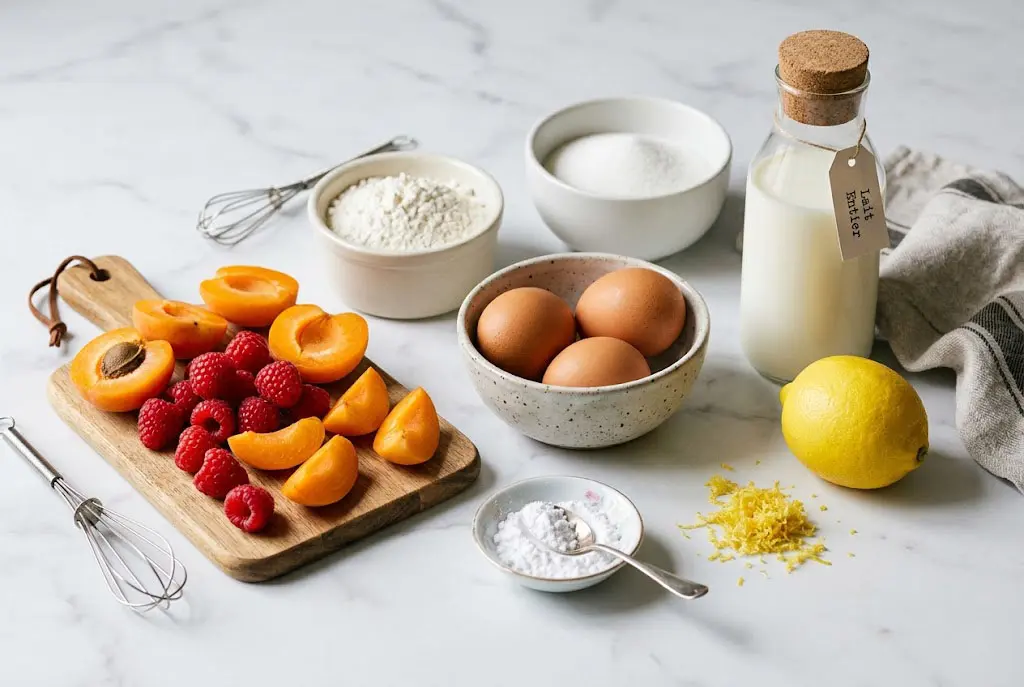 Ingrédients frais pour un clafoutis aux abricots et framboises disposés élégamment sur une table claire avec œufs, lait, farine et citron.