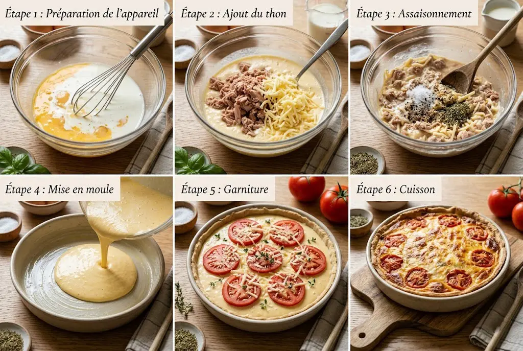 Étapes de préparation d’une quiche au thon illustrées de manière simple et organisée en cuisine moderne.