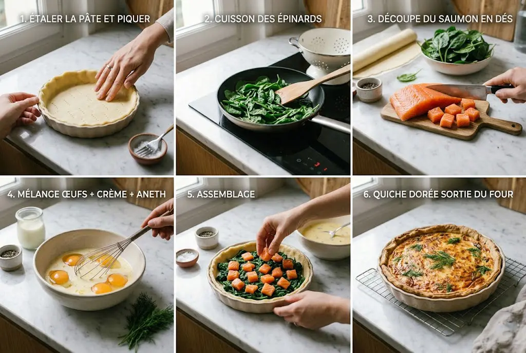 Étapes de préparation quiche saumon épinards de la pâte à la cuisson au four