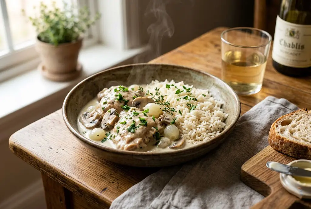 Assiette élégante de Poule au Riz de la Mère Michèle nappée d’une sauce crémeuse aux champignons avec riz moelleux et persil frais.