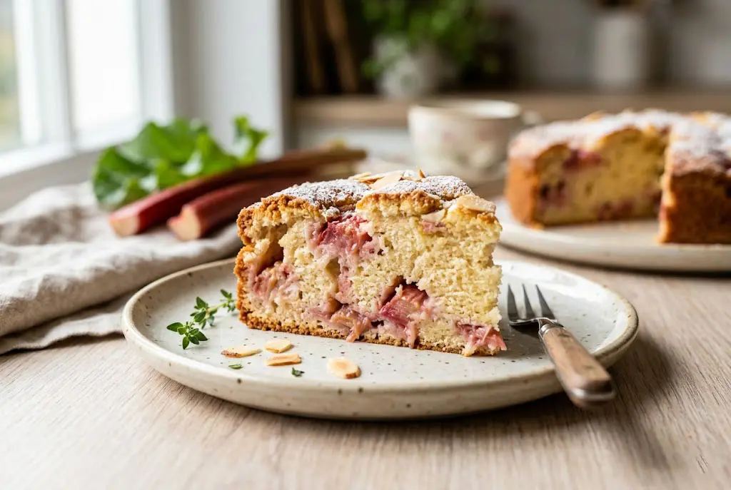 Gâteau moelleux à la rhubarbe servi sur une assiette avec une part coupée montrant une texture aérienne.