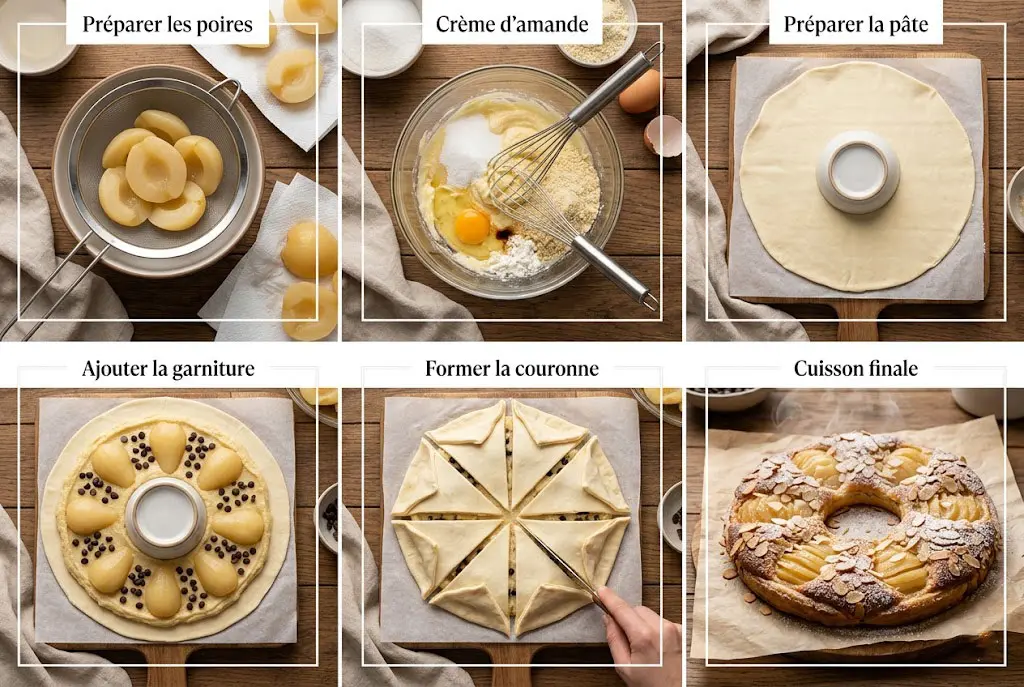 Image divisée en plusieurs étapes montrant la préparation d’une couronne feuilletée aux poires et chocolat.