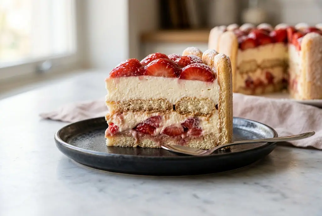 Charlotte aux fraises maison entière décorée avec fraises brillantes
