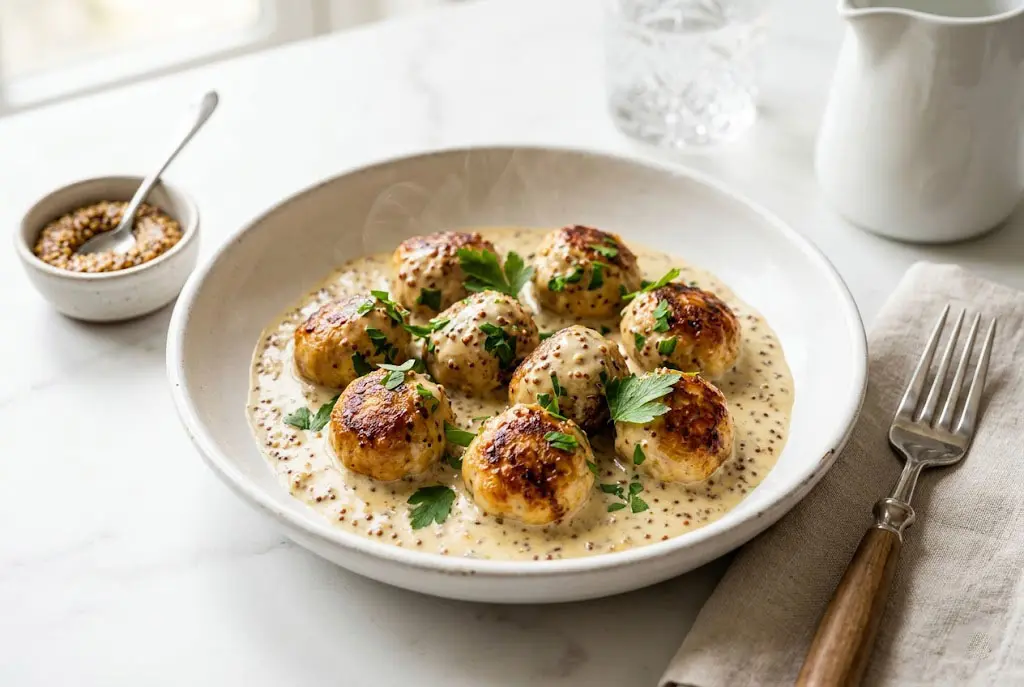 Bol élégant de boulettes de poulet maison servies dans une sauce moutarde onctueuse et brillante, avec une présentation raffinée sur fond blanc.