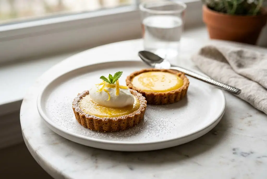 Tartelettes au Citron sur Croûte de Spéculoos finies, présentation élégante et dorée.