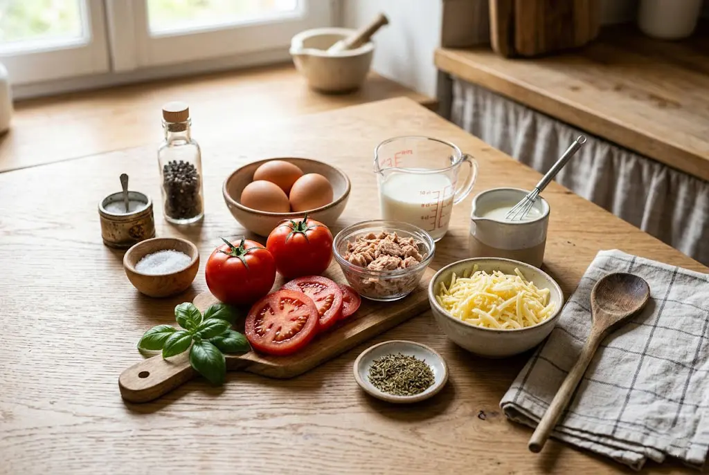 Ingrédients pour quiche légère au thon et tomates disposés de façon organisée sur une table lumineuse.