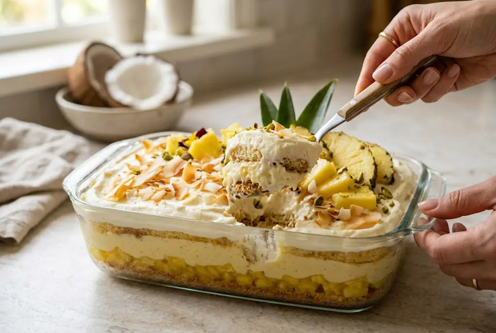 Charlotte Crémeuse Tropicale décorée avec noix de coco grillée et morceaux d’ananas frais.