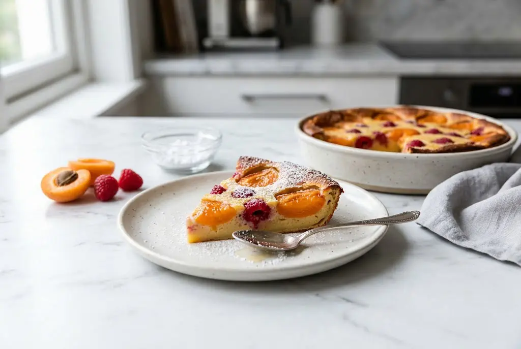 Clafoutis doré aux abricots et aux framboises servi dans un plat en céramique avec sucre glace.