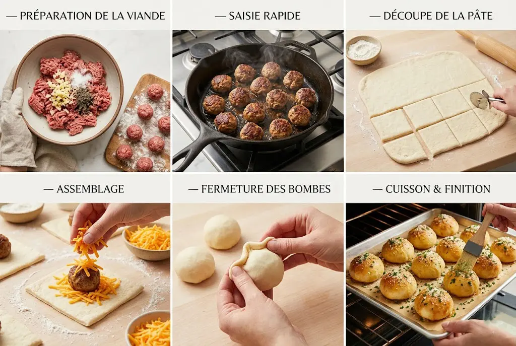 Image divisée en plusieurs étapes montrant la préparation des Pizza Bombs Cheeseburger, du façonnage des boulettes à la cuisson au four.
