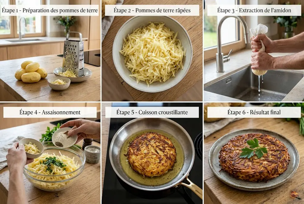 Guide visuel en 6 étapes pour cuisiner la vraie crique ardéchoise, de la préparation des pommes de terre à la cuisson finale en poêle.