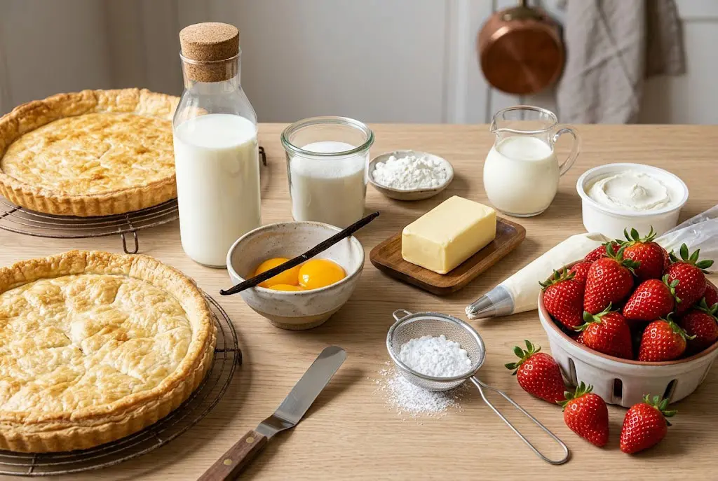 Ingrédients élégamment disposés pour un gâteau aux fraises avec crème pâtissière et chantilly mascarpone sur une table en bois lumineuse.