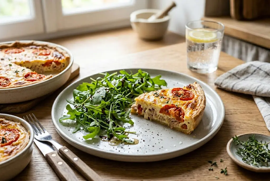 Quiche sans pâte au thon et tomates servie chaude avec une salade fraîche en accompagnement.