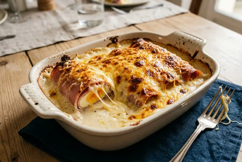 Plat à gratin en céramique blanche contenant des roulés de jambon aux œufs bien dorés avec du fromage fondu filant et une sauce béchamel bouillonnante.