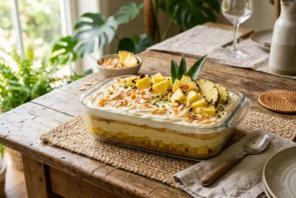 Charlotte Coco Ananas Sans Cuisson Charlotte coco-ananas crémeuse décorée avec noix de coco grillée et morceaux d’ananas frais.