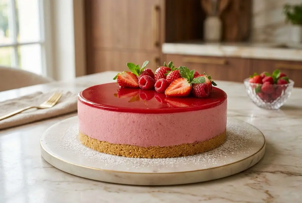 Bavarois Fraises Framboises terminé avec miroir rouge brillant uniquement sur le dessus.