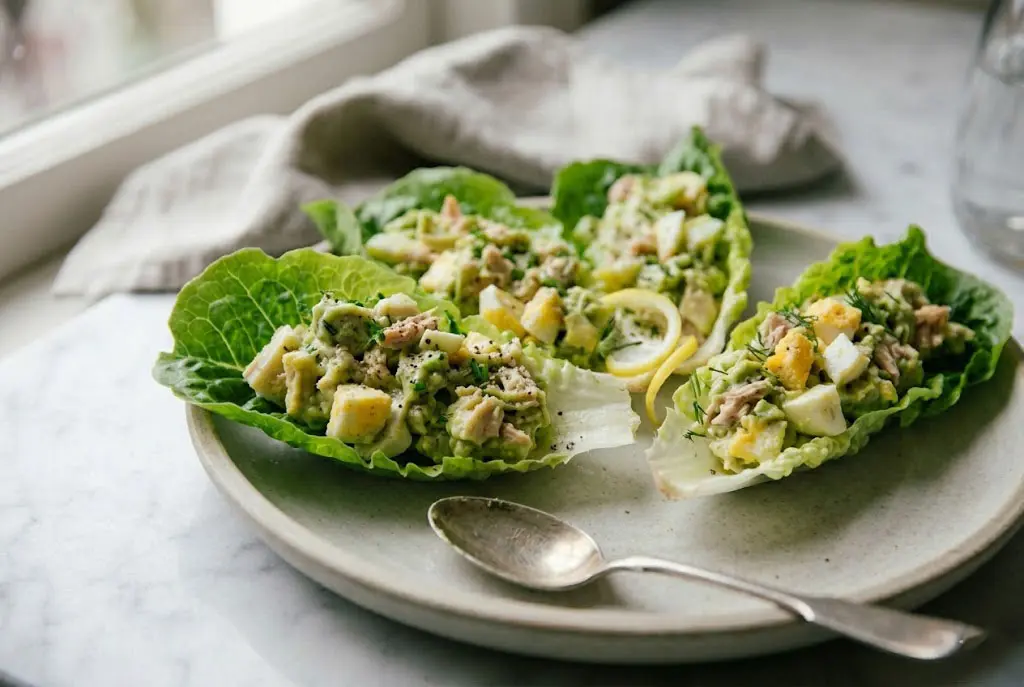 Assiette en céramique moderne présentant trois Coupelles de Laitue à l’Avocat, Œufs Durs et Thon garnies d'une salade crémeuse.