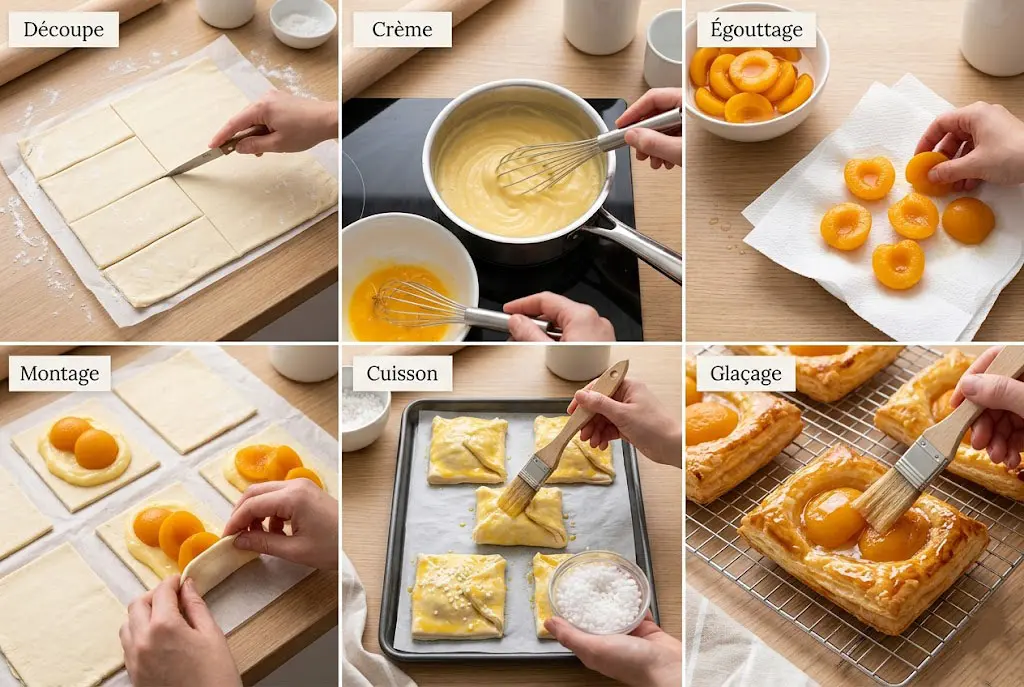 Étapes de préparation des Oranais aux abricots montrant découpe de pâte, crème pâtissière et montage