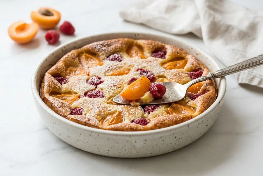 Clafoutis Minute aux Abricots et aux Framboises servi dans un plat en céramique avec sucre glace.