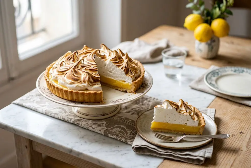 Tarte citron meringuée artisanale avec meringue dorée et crème citron brillante sur table élégante.
