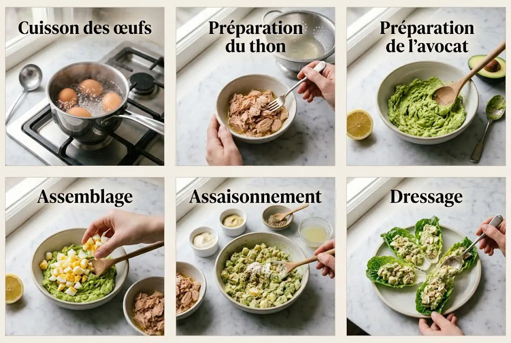 Infographie cuisine en 6 étapes montrant la préparation des Coupelles de Laitue à l’Avocat, Œufs Durs et Thon : cuisson, émiettage, écrasage, assemblage, assaisonnement et dressage.