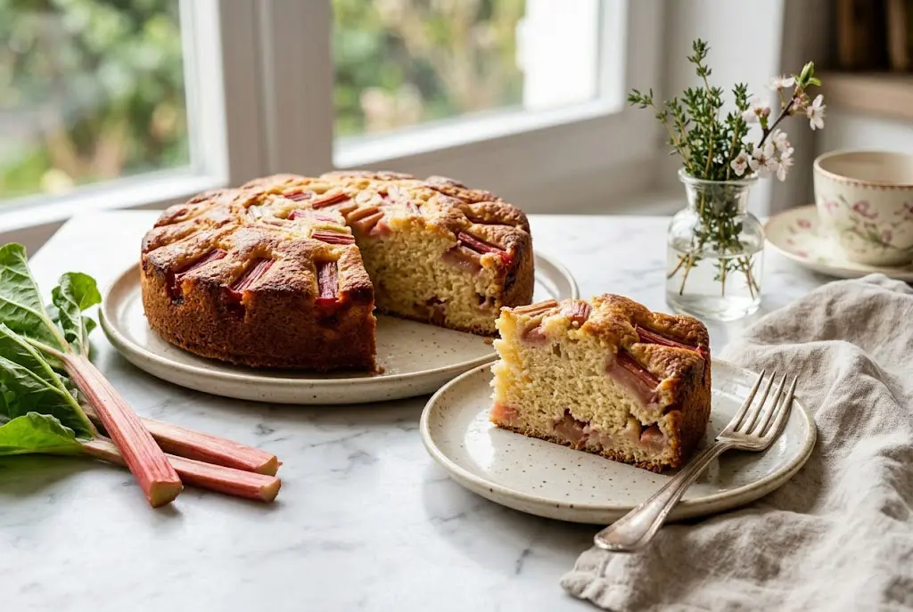 Gâteau Yaourt & Rhubarbe servi sur une assiette avec une part coupée montrant une texture aérienne.