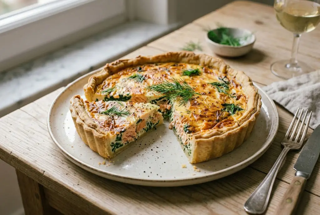 Part de quiche saumon épinards montrant une texture crémeuse et fondante