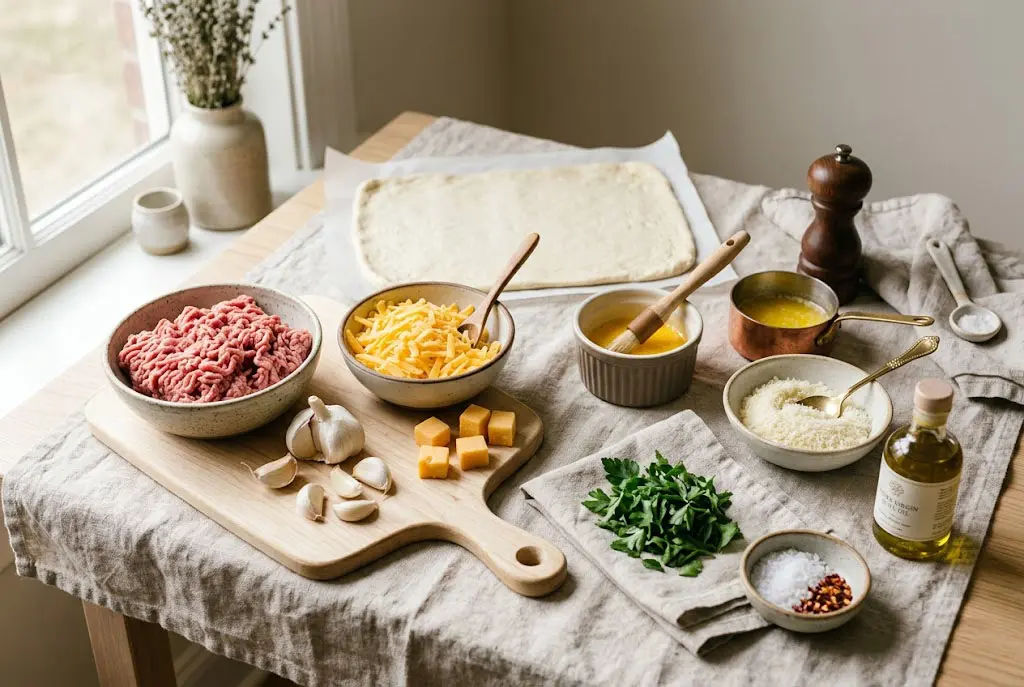 Ingrédients disposés élégamment pour des Pizza Bombs Cheeseburger : bœuf haché, cheddar, pâte à pizza, ail, parmesan, persil et œuf sur une table claire moderne.