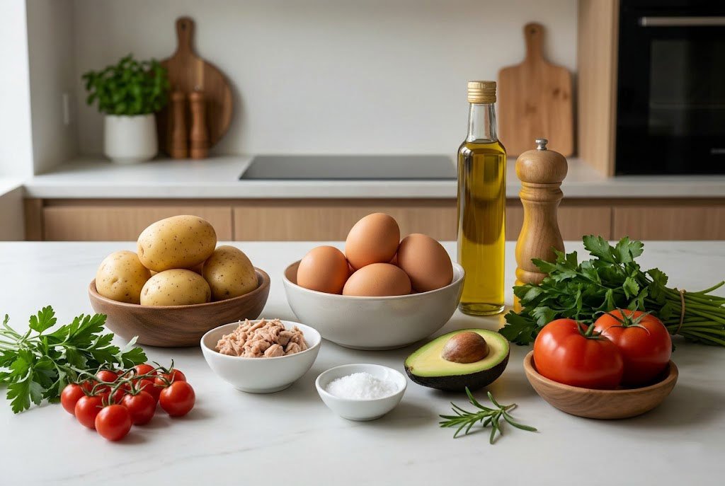 Ingrédients nécessaires pour préparer une Salade de pommes de terre au thon et aux œufs sur une table de cuisine.