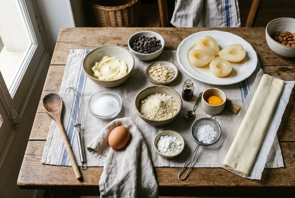 Flat lay réaliste des ingrédients pour une couronne feuilletée poires chocolat et crème d’amande sur une table de cuisine élégante.
