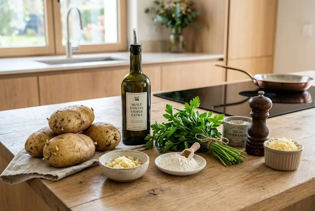 Ingrédients frais pour la vraie crique ardéchoise : pommes de terre, ail haché, persil, huile d'olive et farine sur un plan de travail en bois.