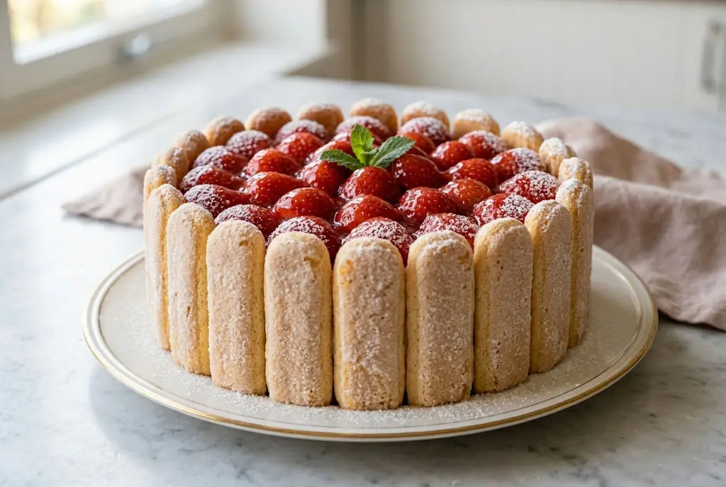 Charlotte aux fraises maison entière décorée avec fraises brillantes