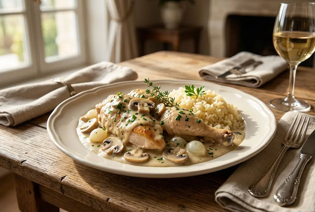 Poule au Riz Sauce Crémeuse Assiette élégante de poule au riz nappée d’une sauce crémeuse aux champignons avec riz moelleux et persil frais.