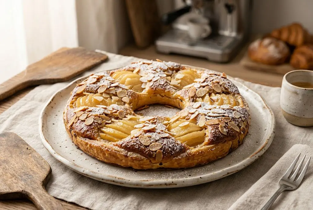 Pause Gourmande Française Part de couronne feuilletée poires chocolat accompagnée d’un café dans une ambiance de café français.
