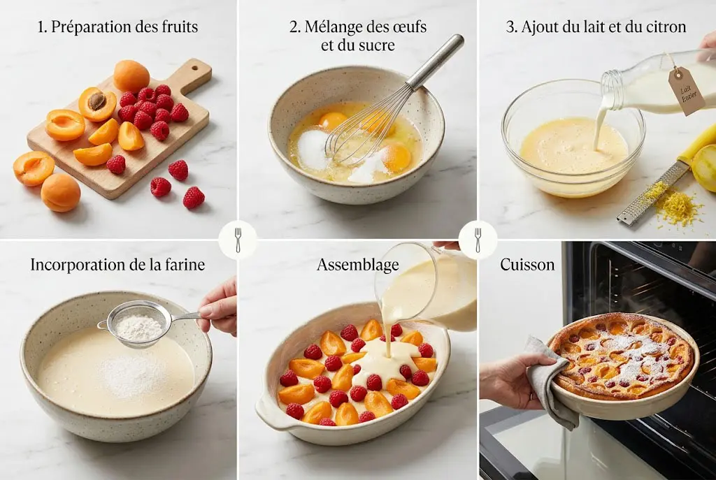 Image divisée en plusieurs étapes montrant la préparation du clafoutis aux abricots et aux framboises.