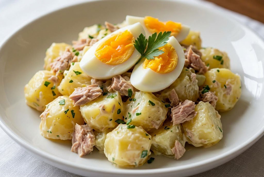 Une assiette généreuse de Salade de pommes de terre au thon et aux œufs décorée de persil frais.