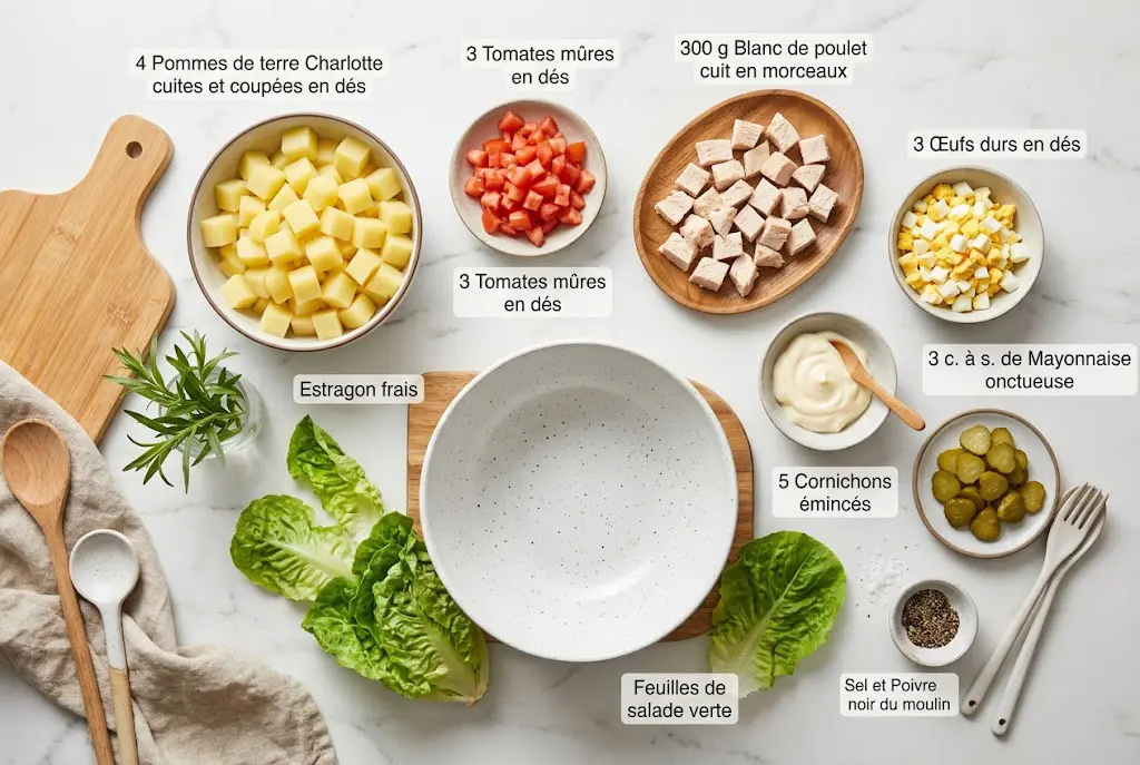 Pommes de terre, tomates, œufs durs, poulet, cornichons, mayonnaise, estragon et salade verte soigneusement disposés sur un plan de travail blanc dans un style culinaire moderne.