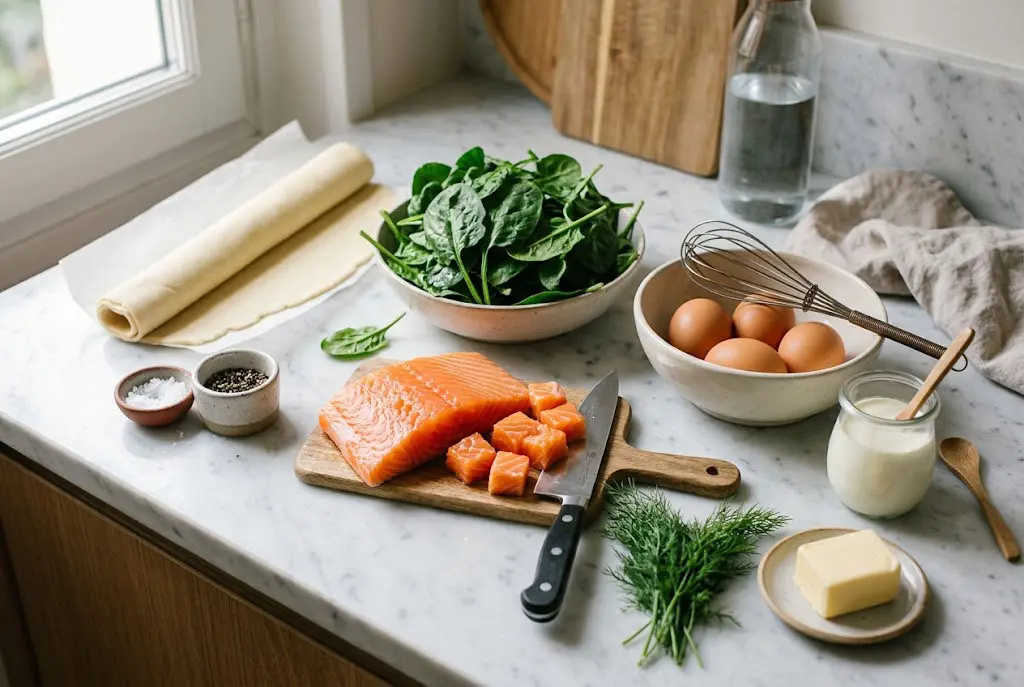 Ingrédients pour quiche saumon épinards maison avec pâte brisée, saumon frais, épinards, œufs et crème