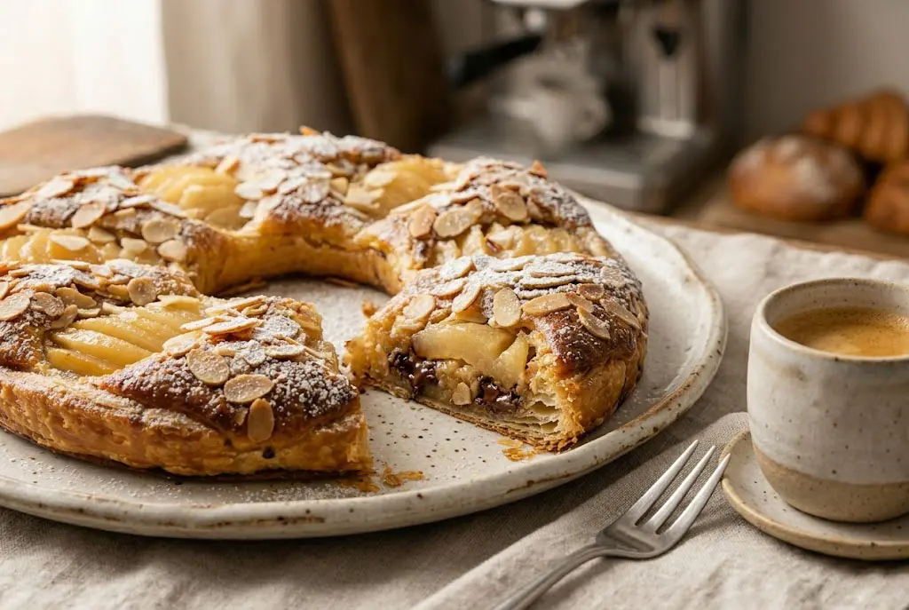 Part de couronne feuilletée poires chocolat accompagnée d’un café dans une ambiance de café français.