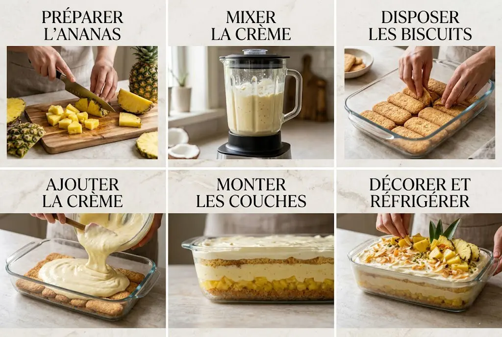 Montage étape par étape d’une charlotte coco-ananas avec préparation de la crème et couches de biscuits.
