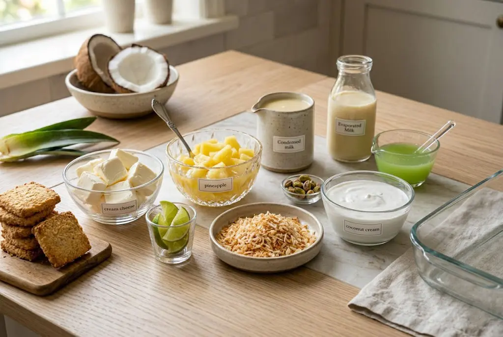 Ingrédients d’une charlotte tropicale coco-ananas disposés sur une table moderne avec biscuits coco, ananas, lait concentré et noix de coco grillée.
