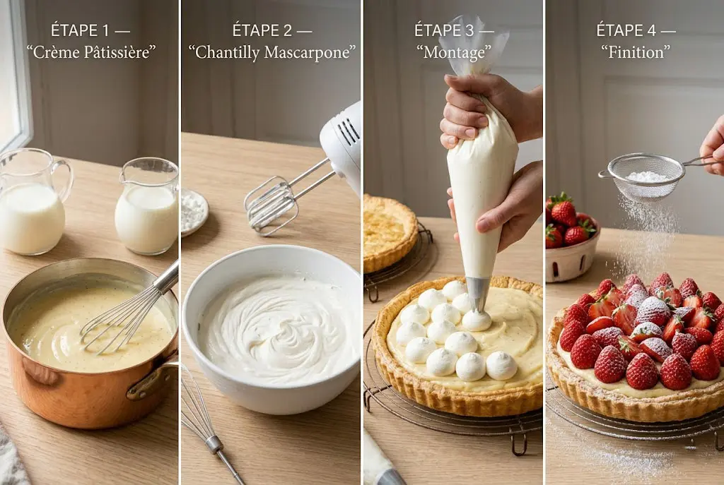 Montage du gâteau avec crème pâtissière, chantilly blanche pochée et fraises fraîches.