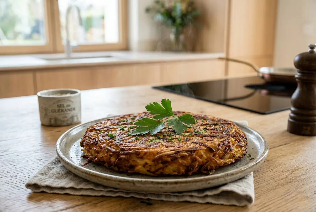 La vraie crique ardéchoise dorée et croustillante servie chaude dans une assiette rustique avec une touche de persil frais.