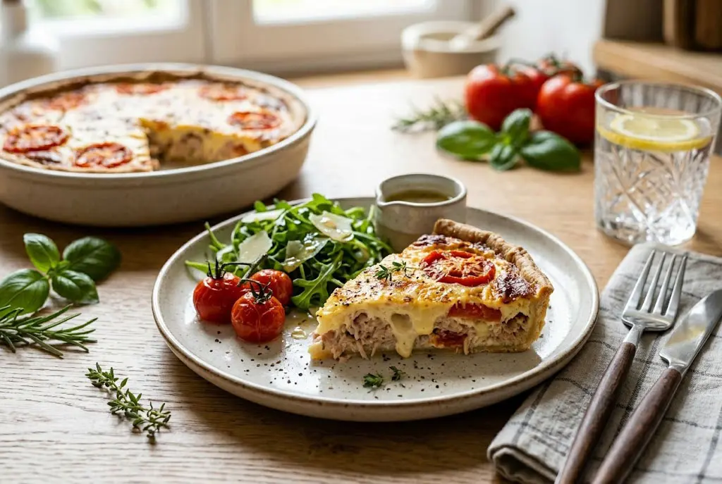 Résultat final de la quiche au thon Quiche légère au thon et tomates servie chaude avec une salade fraîche en accompagnement.