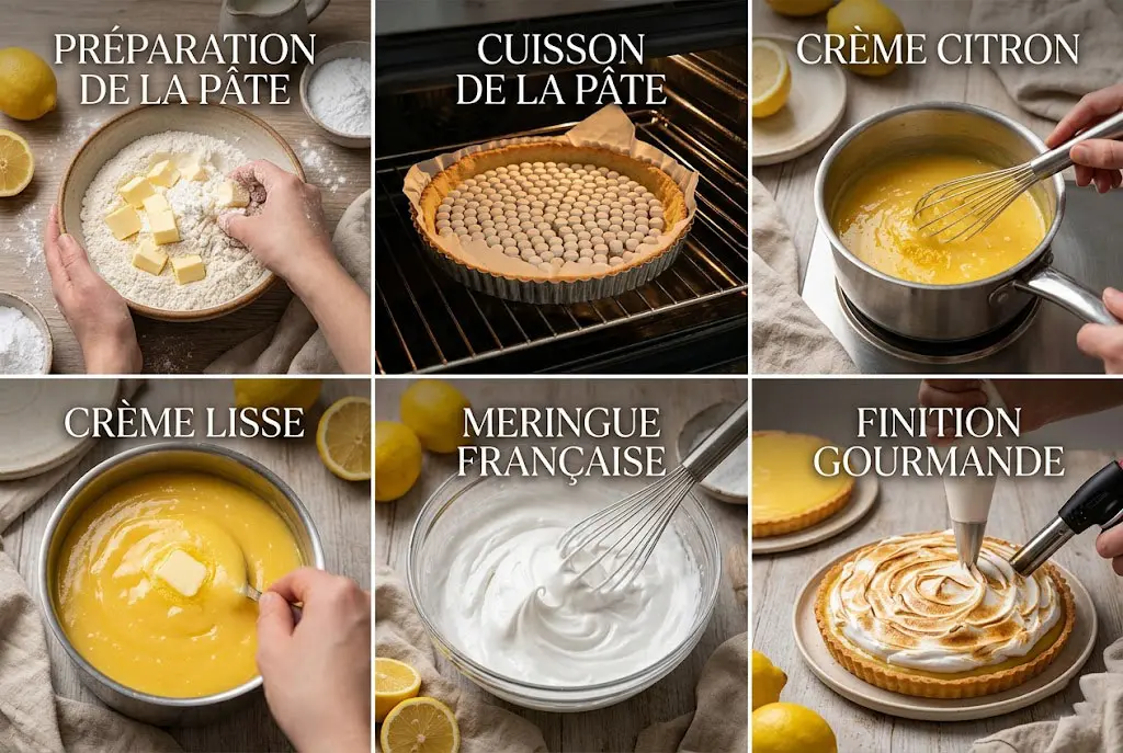 Étapes de préparation d’une tarte citron meringuée avec pâte, crème citron et meringue dans une image divisée.