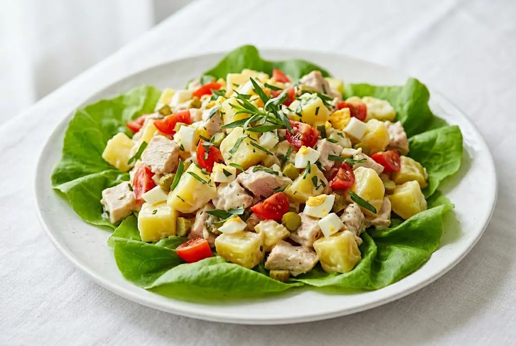 Salade de pommes de terre crémeuse servie sur un lit de salade verte avec tomates, œufs, poulet, cornichons et estragon frais.
