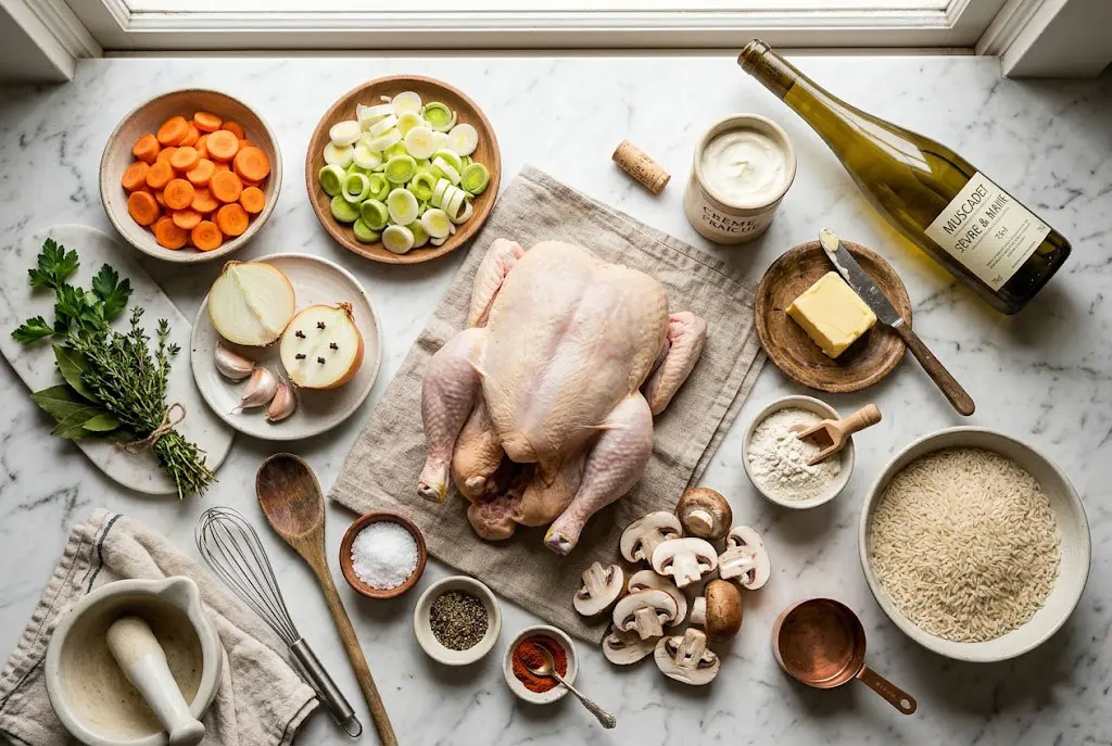 Tous les ingrédients de la poule au riz sauce crémeuse disposés élégamment sur une surface en marbre blanc : poule fermière, légumes frais, herbes aromatiques, vin blanc, crème, beurre, champignons et riz.