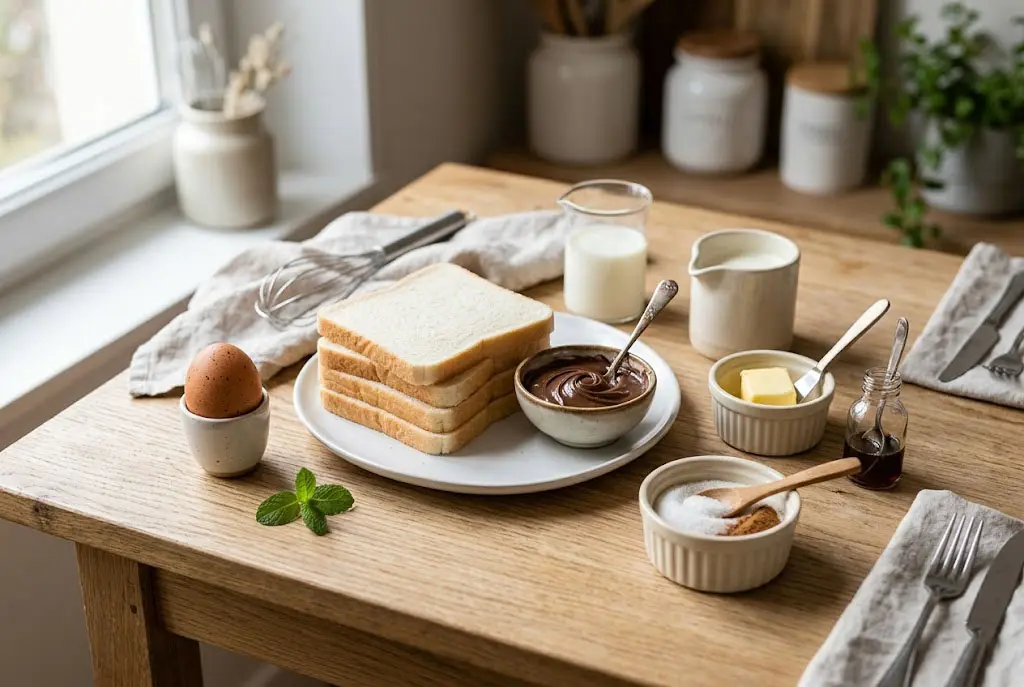 Ingrédients du pain perdu roulé fourré à la pâte à tartiner disposés sur une table en bois claire.