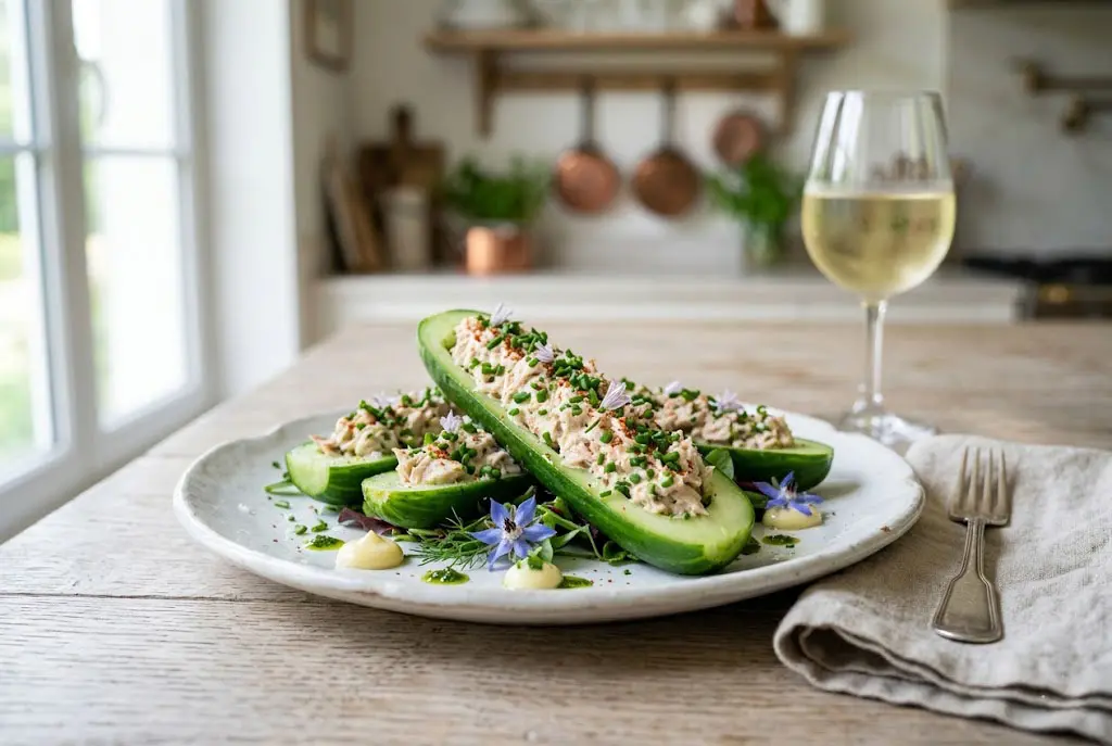 recette-concombres-farcis-au-thon-healthy Présentation gastronomique de concombres farcis au thon dans une assiette blanche avec de la ciboulette, du piment d'Espelette et un verre de vin blanc en arrière-plan.