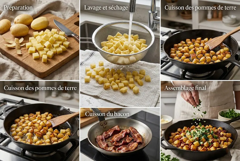Infographie illustrant les 5 étapes de préparation des pommes de terre sautées au bacon : découpe, lavage, cuisson des pommes de terre, cuisson du bacon et assemblage.