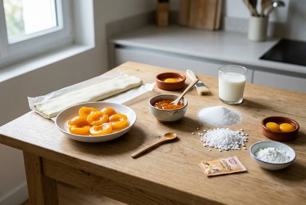 Ingrédients pour Oranais aux abricots maison Ingrédients pour Oranais aux abricots disposés sur une table en bois avec pâte feuilletée, abricots, lait, œufs et sucre
